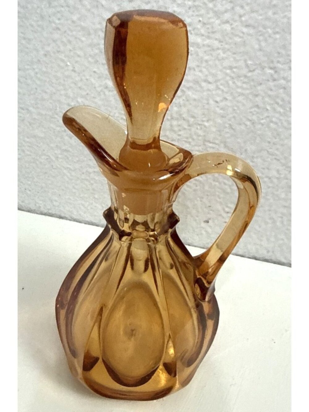 Vintage Pink Glass Fluted Cruet/Small Pitcher Decanter with Frosted Stopper